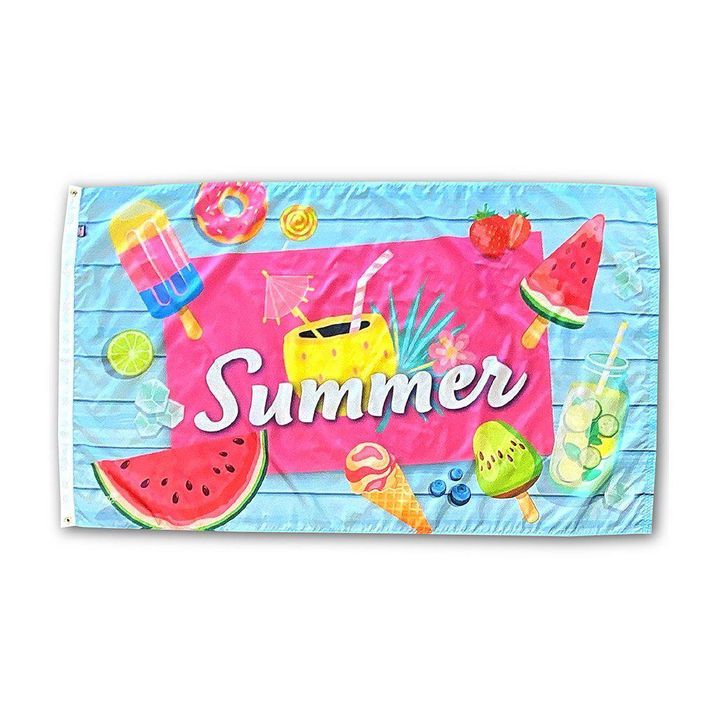 Our Summer Sweets 3' x 5' flag features popsicles, watermelon, ice cream and lemonade  along with the word "Summer"  on a blue background.
