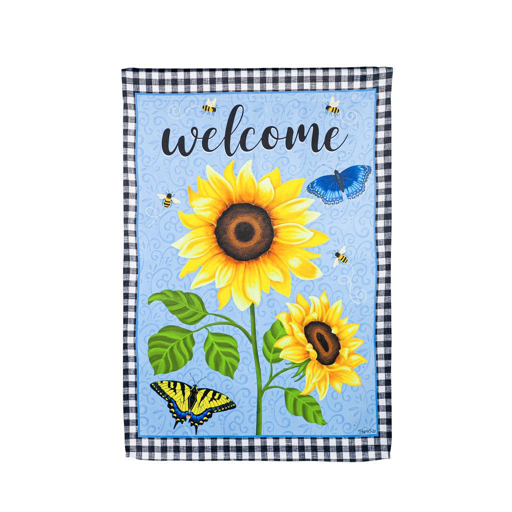 The Sunny Sunflower house banner features bright yellow sunflowers over a sky blue background, a black checked border and the word "Welcome" across the top. 