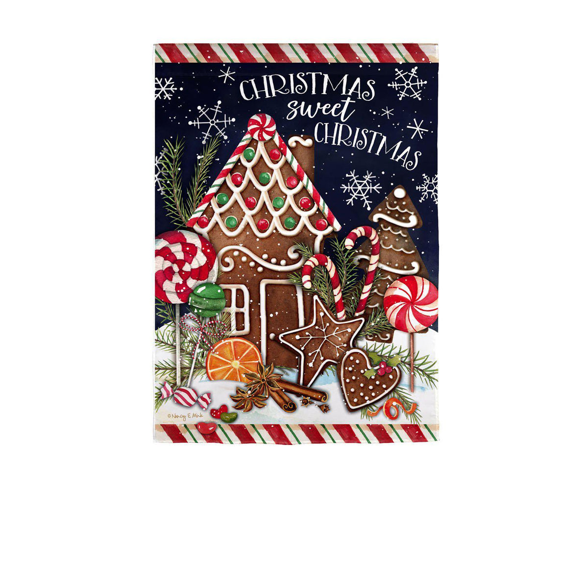 The Sweet Christmas garden flag features a gingerbread house surrounded by candy and gingerbread cookies along with the words "Christmas Sweet Christmas". 