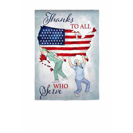 Thanks to All Who Serve COVID-19 Garden Flag featuring a doctor and nurse