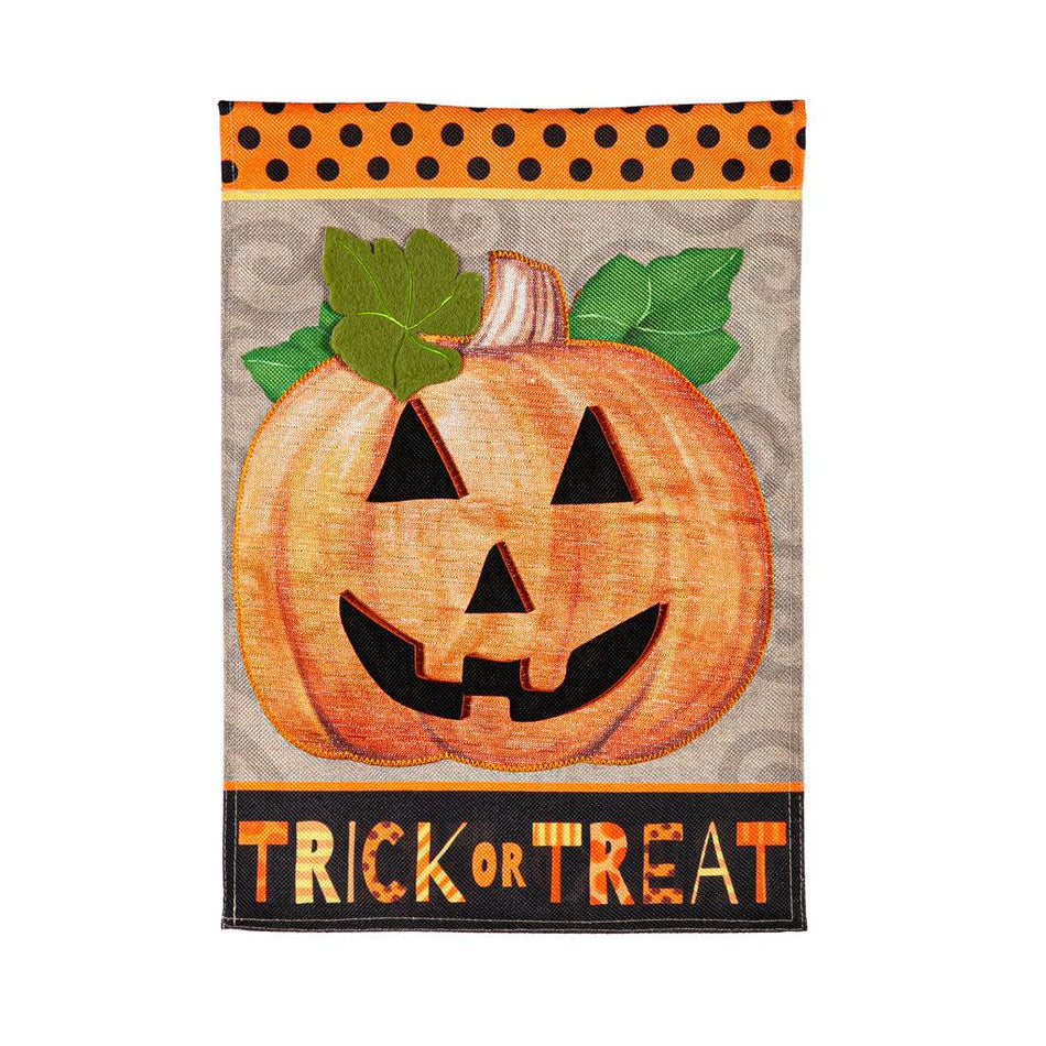 The Trick or Treat Pumpkin garden flag features a grinning jack-o-lantern and the words "Trick or Treat" across the bottom. 