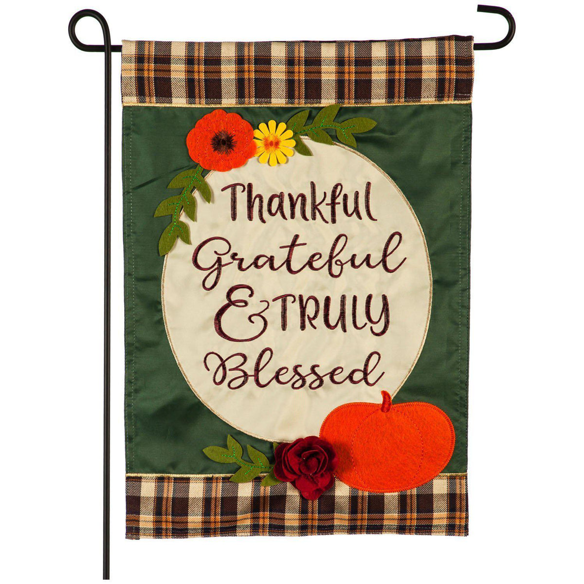 The Truly Blessed garden flag features a green background with brown plaid borders, pumpkins, flowers, and the words "Thankful, Grateful & Truly Blessed". 