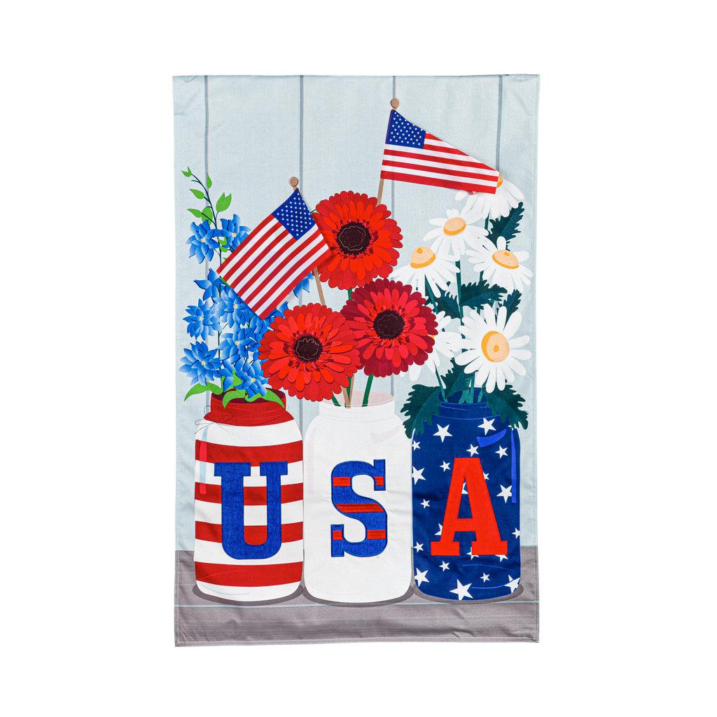 The USA Mason Jar house banner features three mason jars with the letters USA on the front, holding flags and red, white, and blue flowers. 