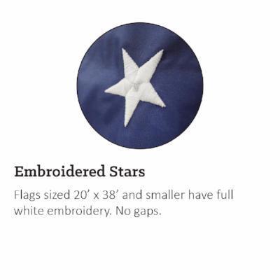 Stunning white embroidered stars on flags up to 20' x 38'.