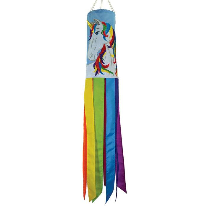 Design features a white unicorn with a rainbow colored mane and 8 multi-colored coordinating tails with sewn edges.