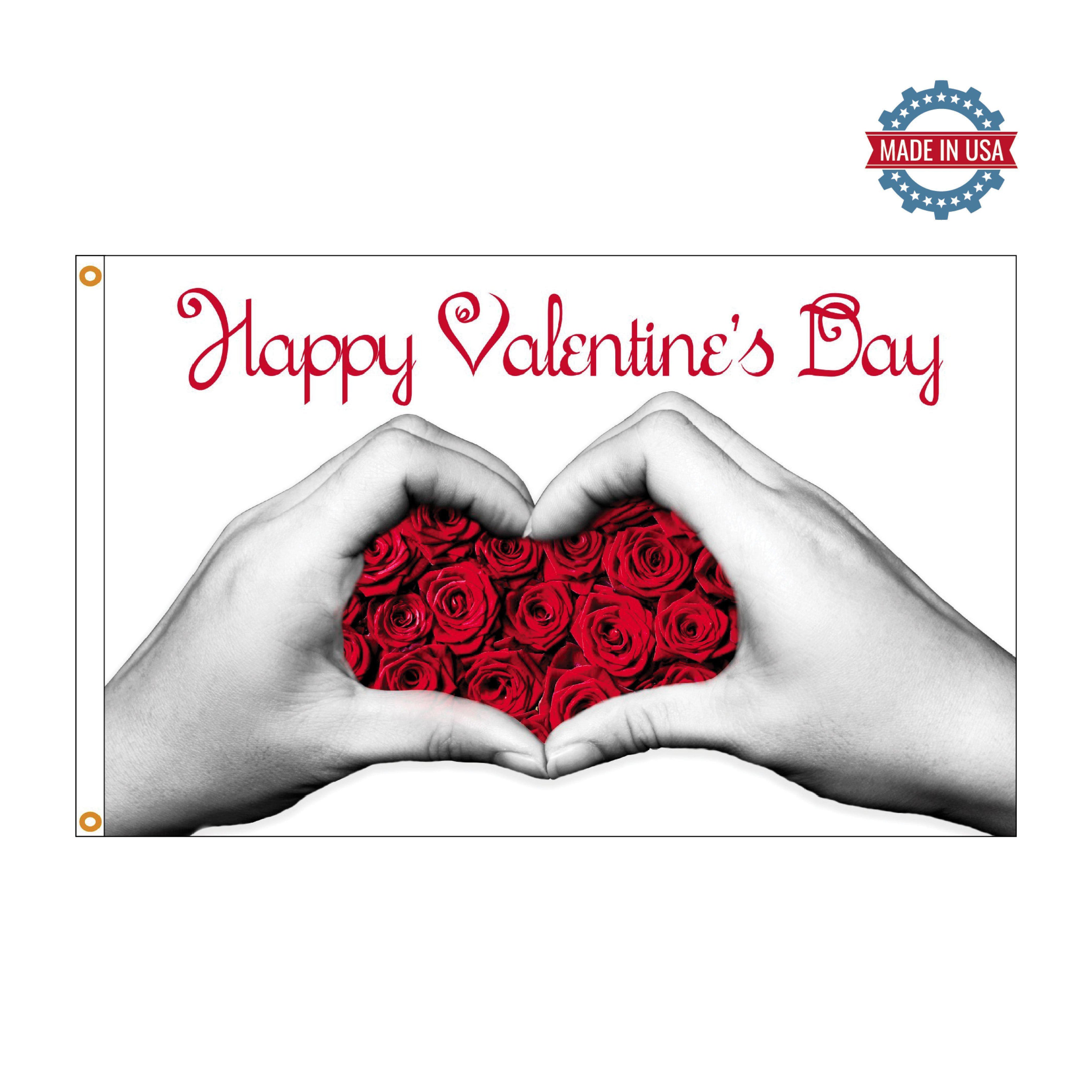 The Valentine Hands 3' x 5' flag features red roses inside heart hands and a "Happy Valentine's Day" message.