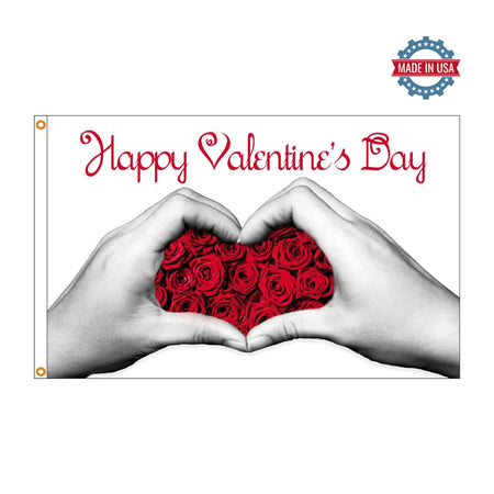 The Valentine Hands 3' x 5' flag features red roses inside heart hands and a "Happy Valentine's Day" message.
