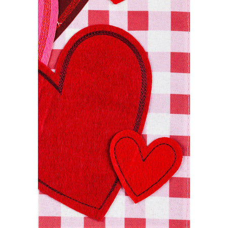 The Valentine Hearts and Checks garden flag features pink and red hearts on a checked background and the words "Happy Valentine's Day". 