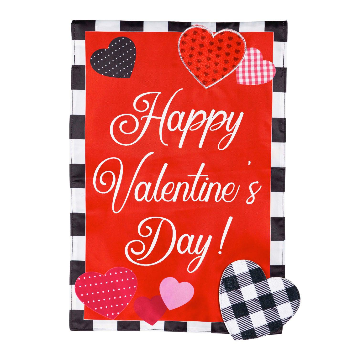 The Valentine's Day Check Border garden flag features a bright red background with a black and white checked border, patterned hearts, and the words "Happy Valentine's Day".