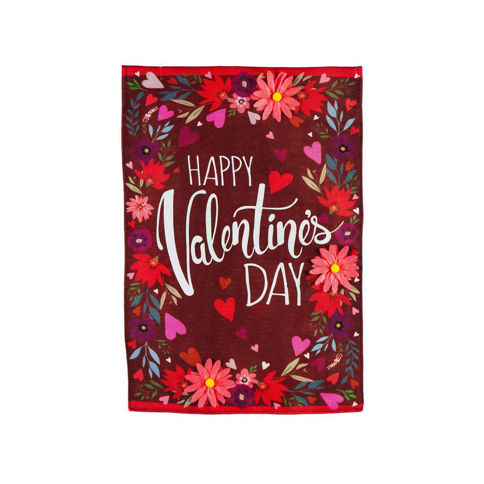The Valentine's Day Hearts and Flowers garden flag features a border of flowers and hearts and the words "Happy Valentine's Day".