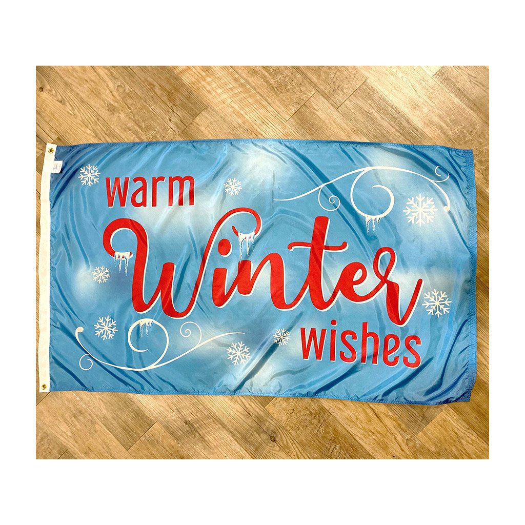 The Warm Winter Wishes 3' x 5' flag features snowflakes on a bright blue background and "Warm Winter Wishes" message.