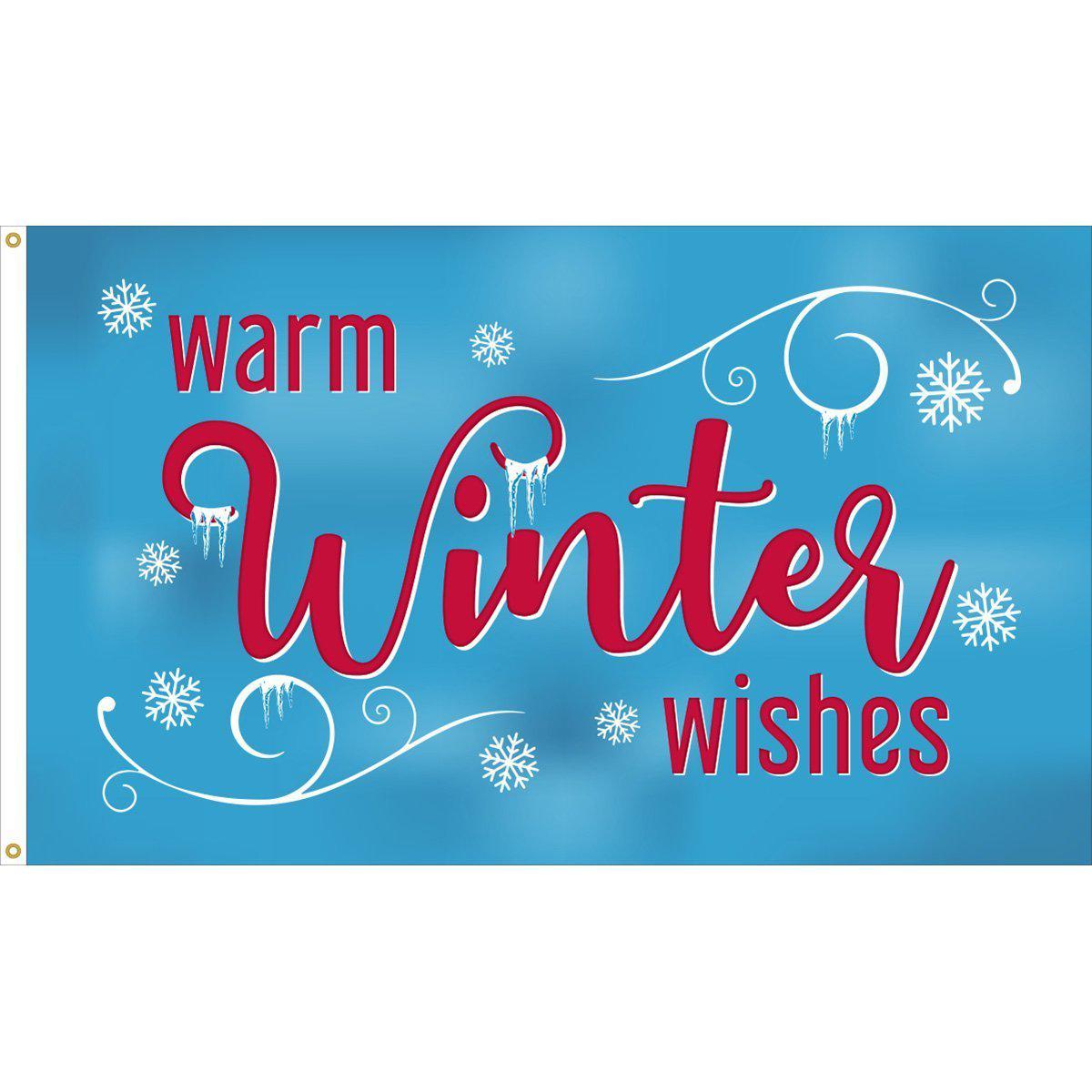 The Warm Winter Wishes 3' x 5' flag features snowflakes on a bright blue background and "Warm Winter Wishes" message.