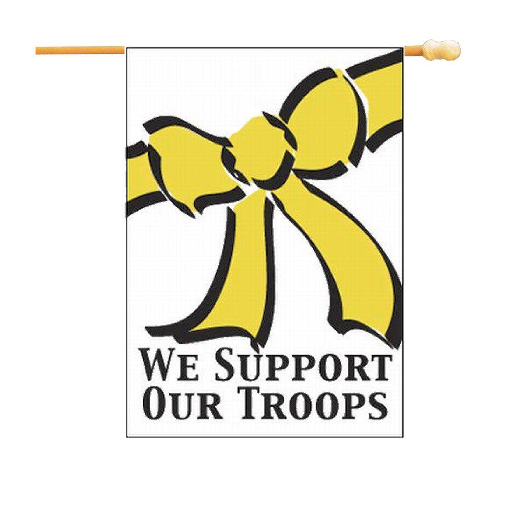 The We Support Our Troops house banner features a yellow ribbon, outlined in black on a white background with the words "We Support Our Troops" in black. 