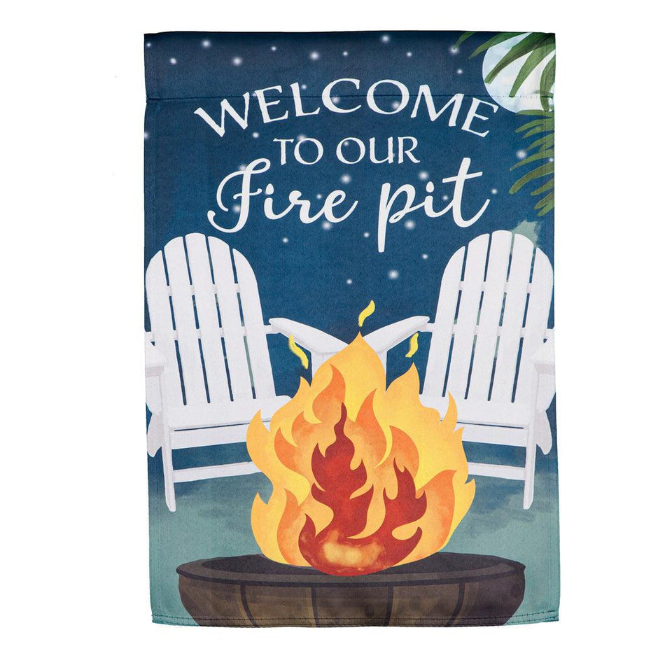 The Welcome to Our Firepit garden flag features lawn chairs, a roaring fire, and the words "Welcome to Our Firepit" across the top. 