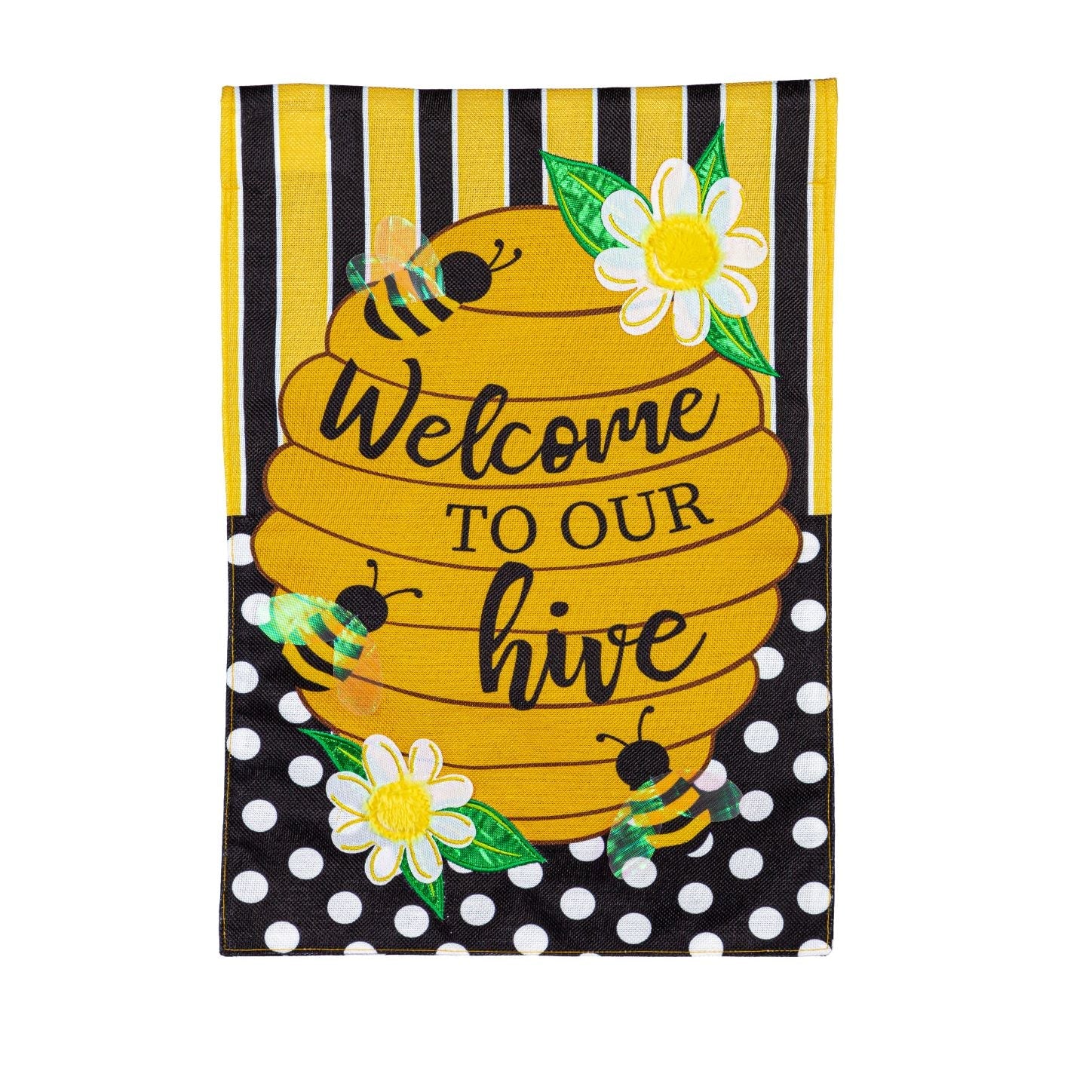 Welcome to our Hive Stripes and Dots Garden Flag
