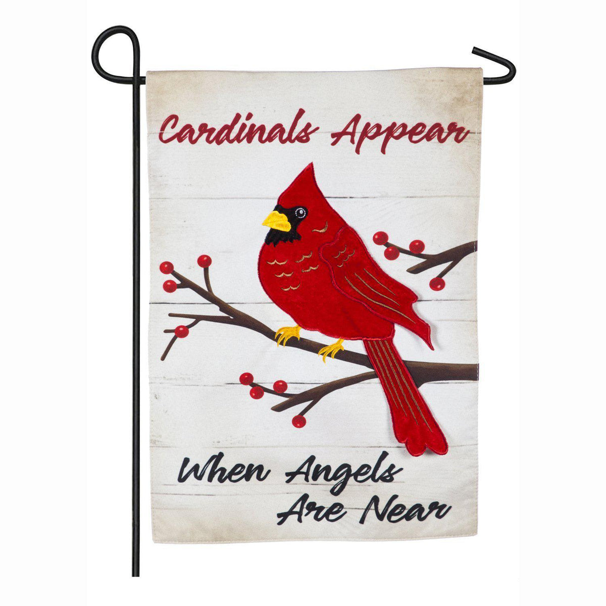 Share the message that "Cardinals Appear When Angels Are Near" with a vibrant 3D cardinal on this garden flag.