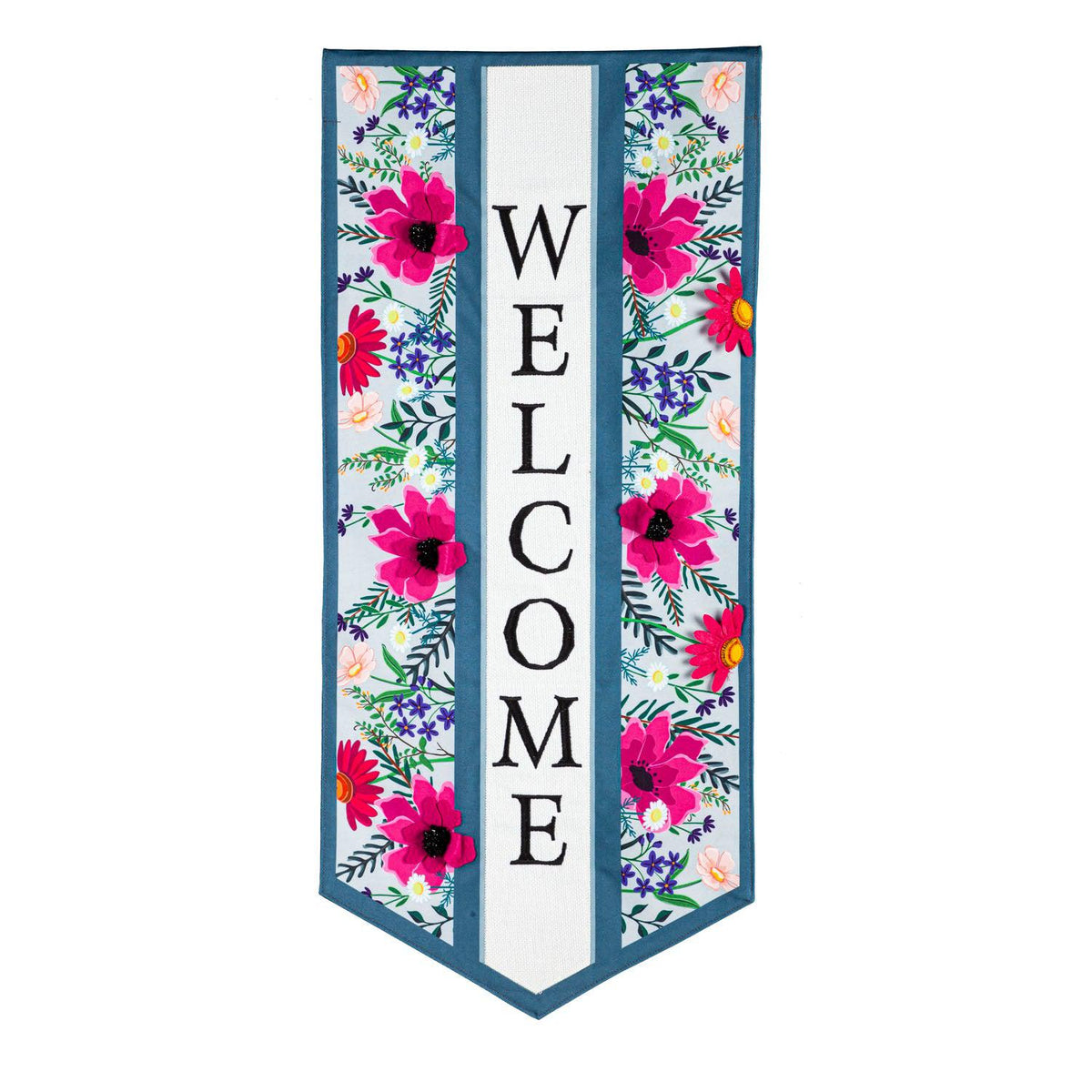 Enjoy the season with the Wildflowers Welcome Textile Décor from the Everlasting Impressions collection. This extra-long garden flag features a variety of bright Spring flowers and the word "Welcome" running vertically down the center.
