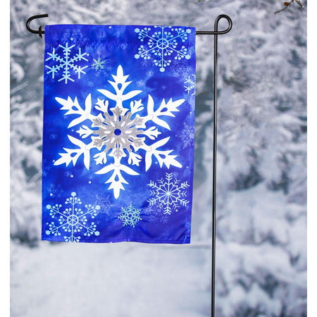 The Winter Snowflakes garden flag features white and silver snowflakes on a brilliant blue background.