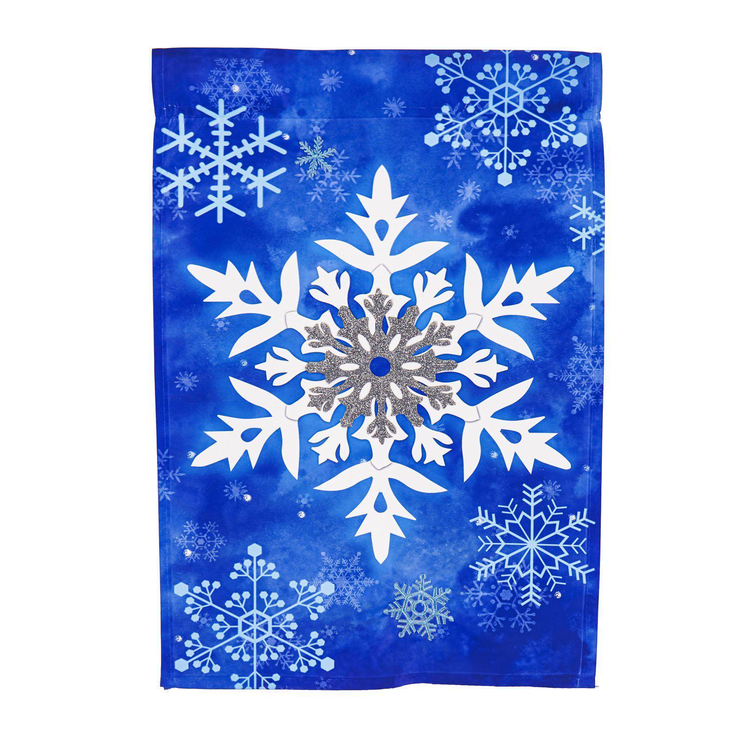 The Winter Snowflakes garden flag features white and silver snowflakes on a brilliant blue background.