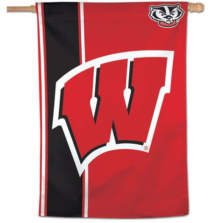 Show your pride for the Badgers with our Wisconsin Badgers house banner featuring a red and white 'W' logo against a red background with a vertical black stripe on the left side and Bucky in the top right corner! 