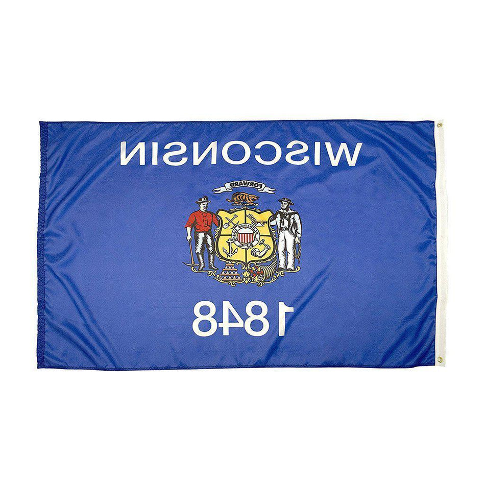 Wisconsin state flag design is printed on the flag with a mirrored image on the reverse side