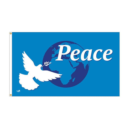 Our World Peace 3' x 5' Flag features a white dove and the word "Peace" over an image of the world on a blue background. 